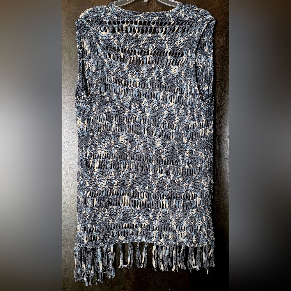 Chico's Women's Vest Duster Blue/Gray Nylon Open Front Knit Fringe Boho Size M-L - Picture 11 of 13
